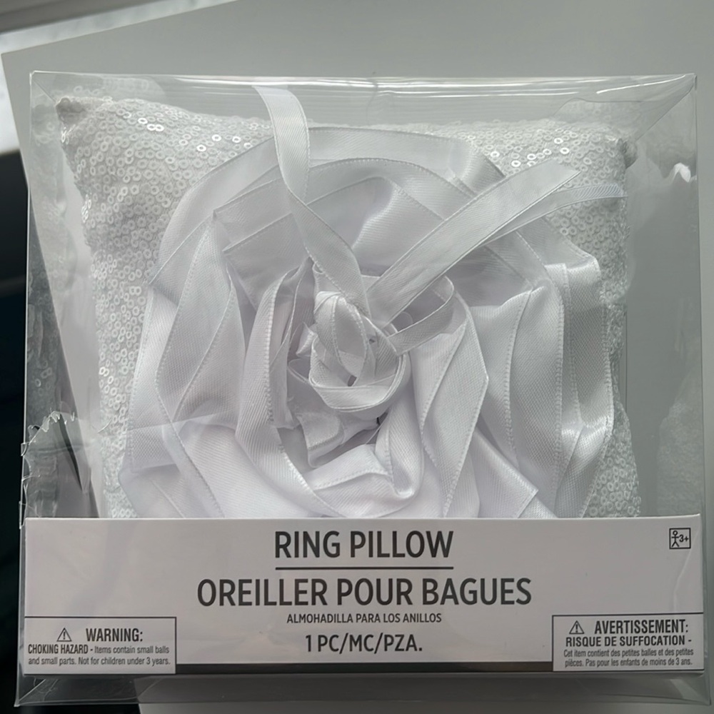 White Wedding Ring Pillow with Sequins Ribbon Flower